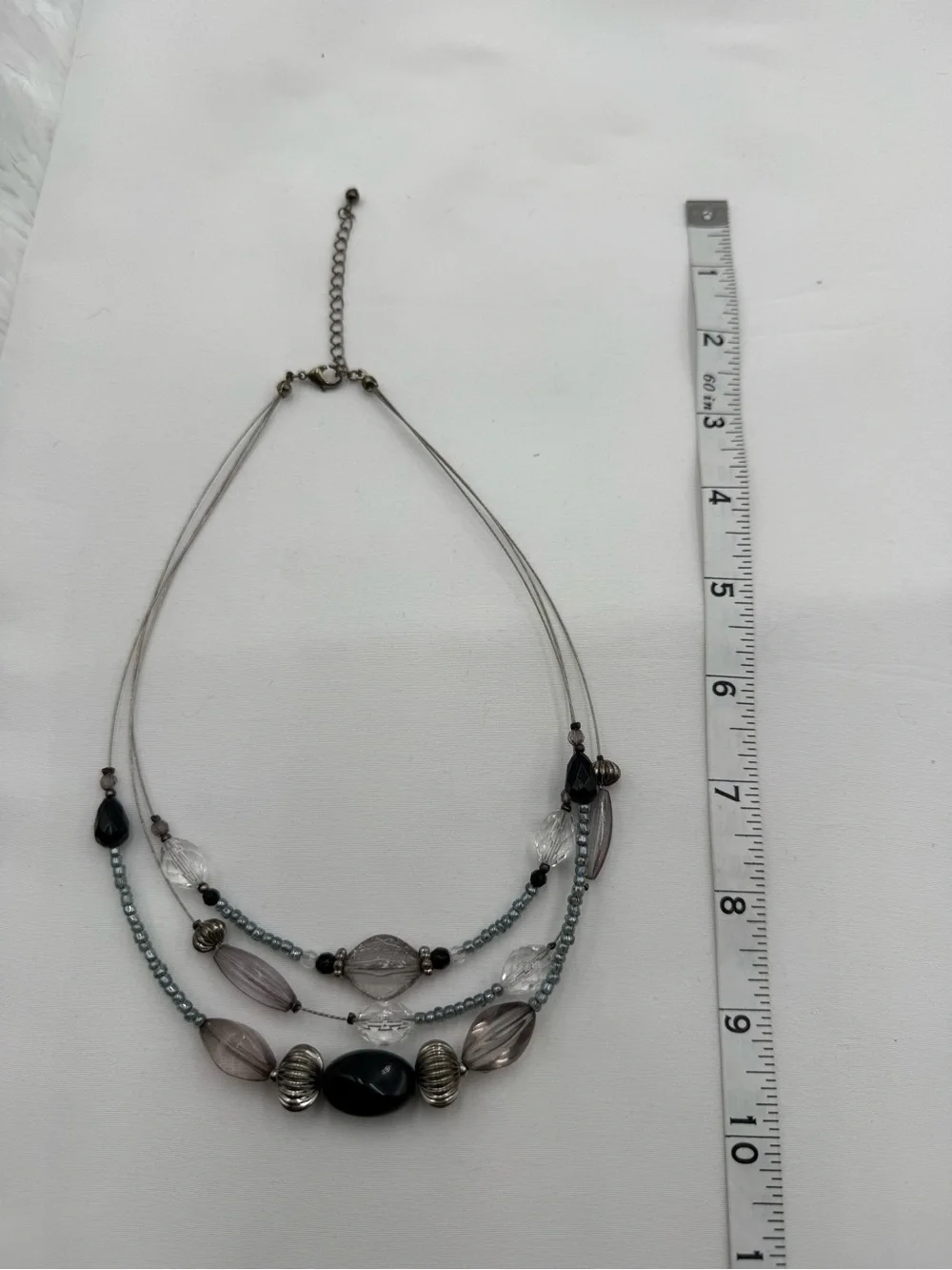 Layered Black and Gray Beaded Multi-Strand Statement Necklace Silver Tones